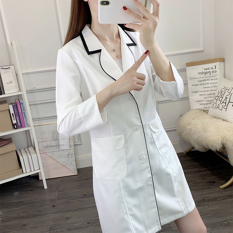 Beauty salon beautician tattoo artist micro plastic health care center female skin management overalls white coat summer short sleeve White and black nine-point sleeve [breathable and opaque]] 