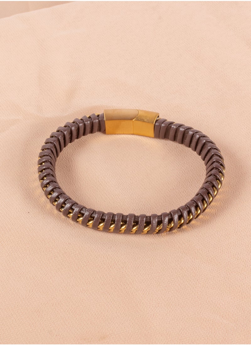 The Black Pearl Accessories - Golden Stainless Steel & Brown Leather Bracelet For Him - Image 1