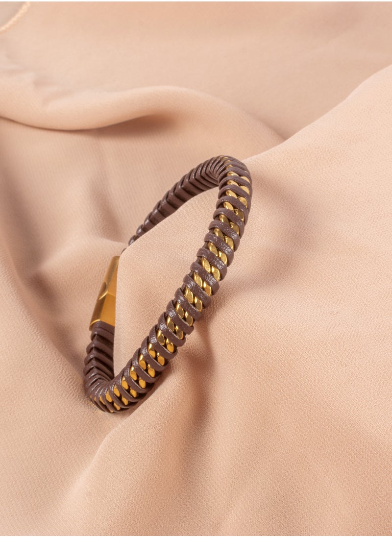 The Black Pearl Accessories - Golden Stainless Steel & Brown Leather Bracelet For Him - Image 1