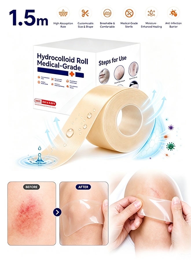 GD Medical‑Grade Hydrocolloid Dressing Roll Large Cut‑to‑Size Hydrocolloid Bandage Roll for Wound Care - Breathable Absorbent Wound Care Dressing for Blister Prevention, Blemish Cover, Home First‑Aid Daily Skin Protection (5cm*1.5m) - Image 1