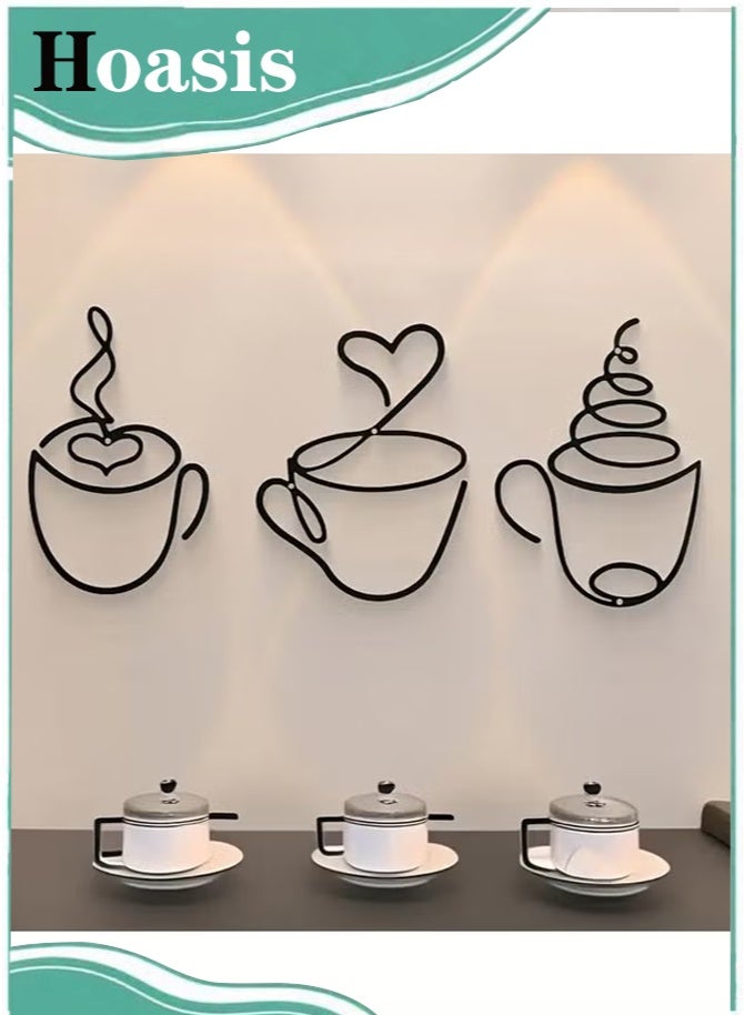 Hoasis 3 Pieces Modern Black Metal Coffee Cup Wall Art, Graphic Pattern Sculpture, Cultural Theme Wall Mount Decor for Living Room Restaurant Background (Black) - Image 1