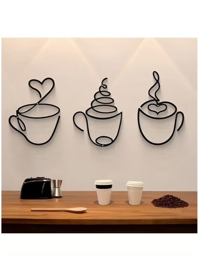 Hoasis 3 Pieces Modern Black Metal Coffee Cup Wall Art, Graphic Pattern Sculpture, Cultural Theme Wall Mount Decor for Living Room Restaurant Background (Black) - Image 3