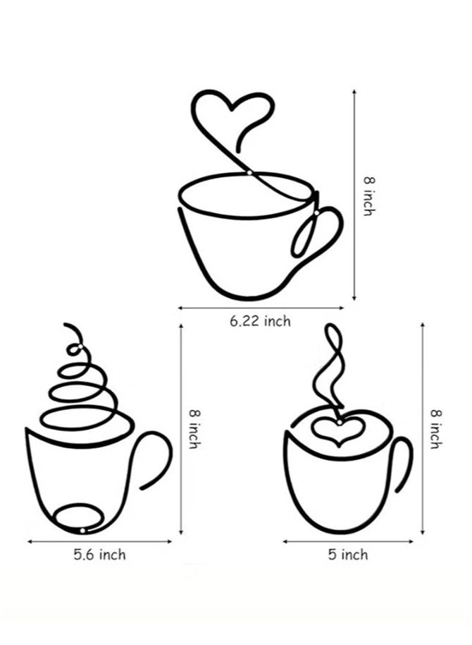 Hoasis 3 Pieces Modern Black Metal Coffee Cup Wall Art, Graphic Pattern Sculpture, Cultural Theme Wall Mount Decor for Living Room Restaurant Background (Black) - Image 2