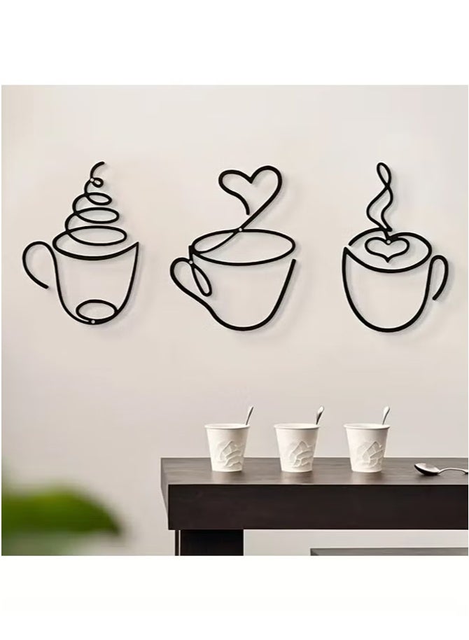 Hoasis 3 Pieces Modern Black Metal Coffee Cup Wall Art, Graphic Pattern Sculpture, Cultural Theme Wall Mount Decor for Living Room Restaurant Background (Black) - Image 4