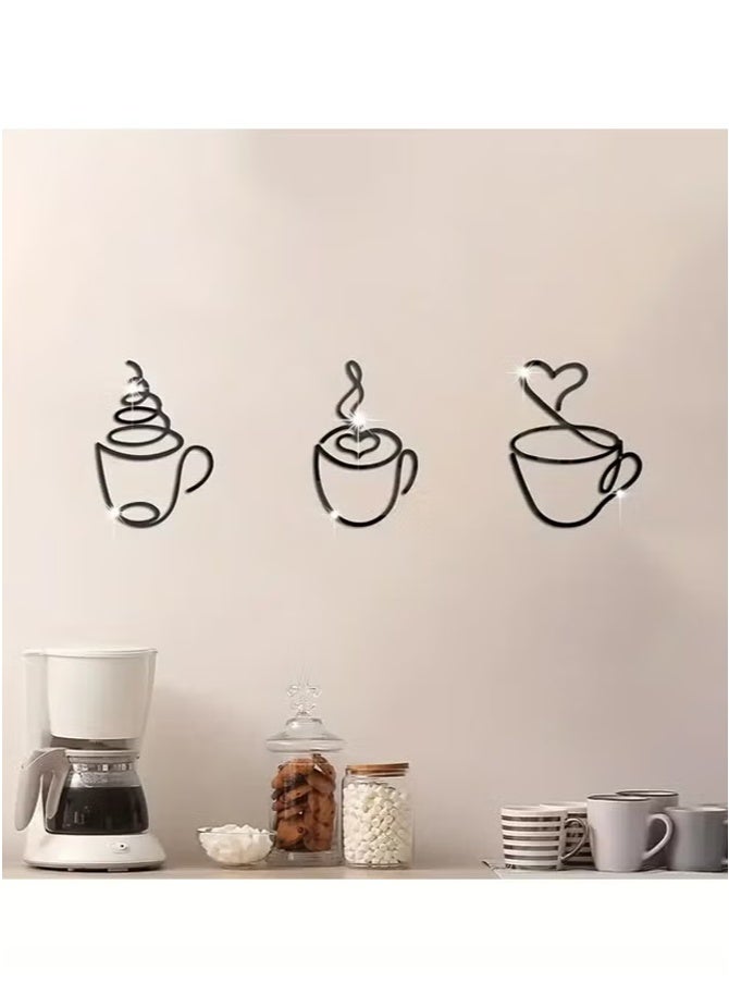 Hoasis 3 Pieces Modern Black Metal Coffee Cup Wall Art, Graphic Pattern Sculpture, Cultural Theme Wall Mount Decor for Living Room Restaurant Background (Black) - Image 5