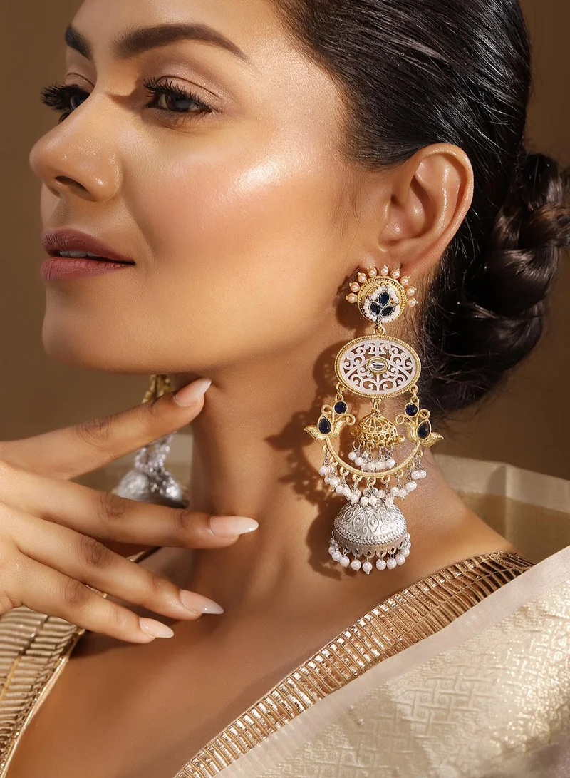 ISHIN Blue Colour Metallic Grey Plated Beads Jhumka Earring