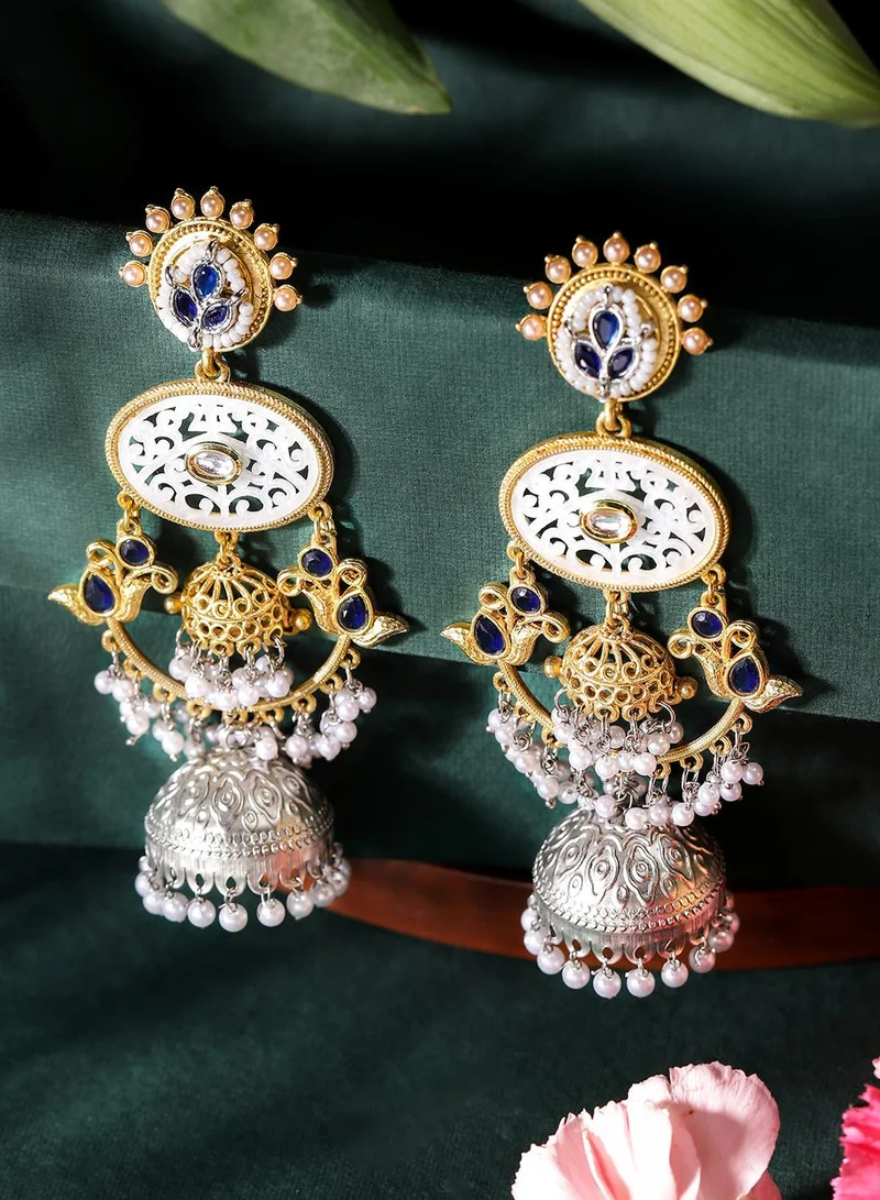 ISHIN Blue Colour Metallic Grey Plated Beads Jhumka Earring