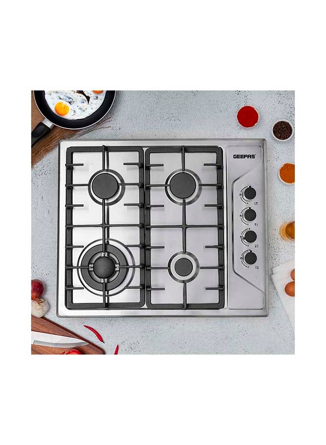 Stainless Steel Built-In Gas Hob 4 Burners Automatic Ignition System LPG Gas Type 2800pa Metal Knob Cast Iron Pan Support GGC31035 Silver/Black