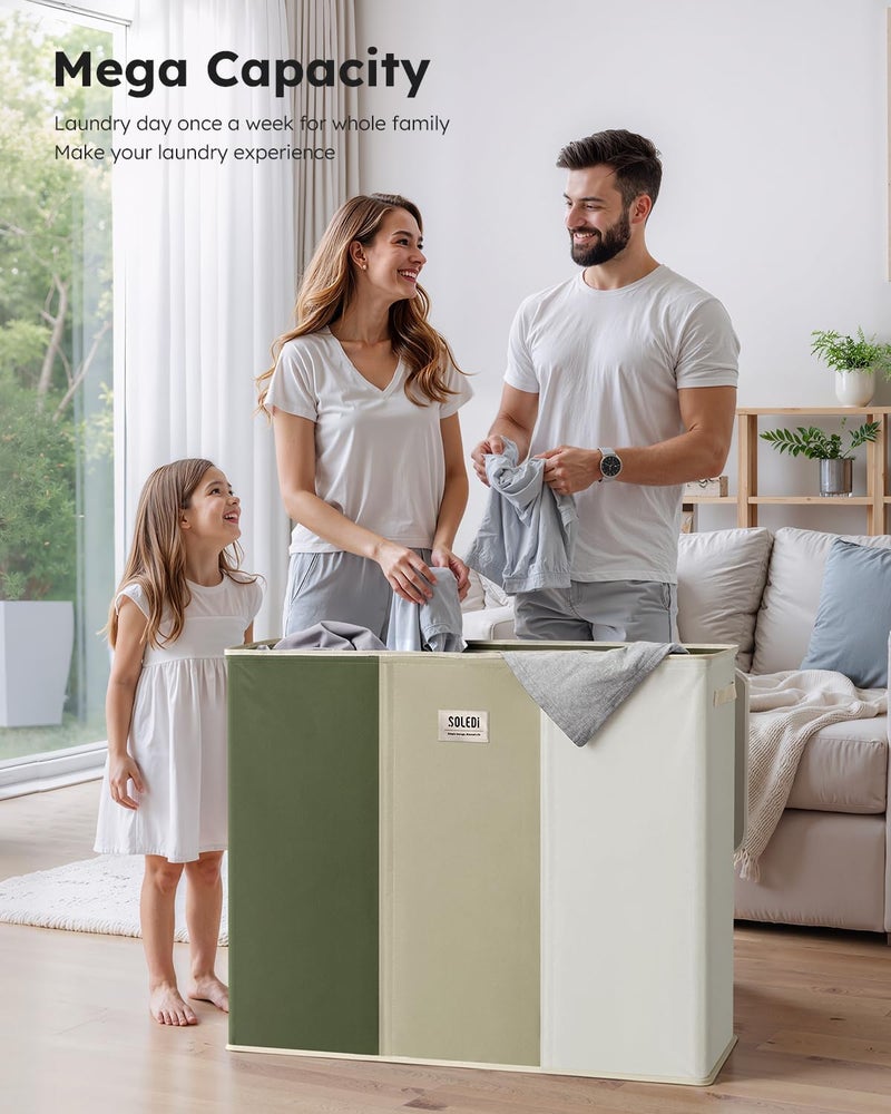 SOLEDI 180L 3-Section Laundry Hamper with Lid, Extra Large Dirty Clothes Basket with Sturdy Handles for Laundry Room & Bedroom - Durable Organizer for Sorting Laundry - Image 2