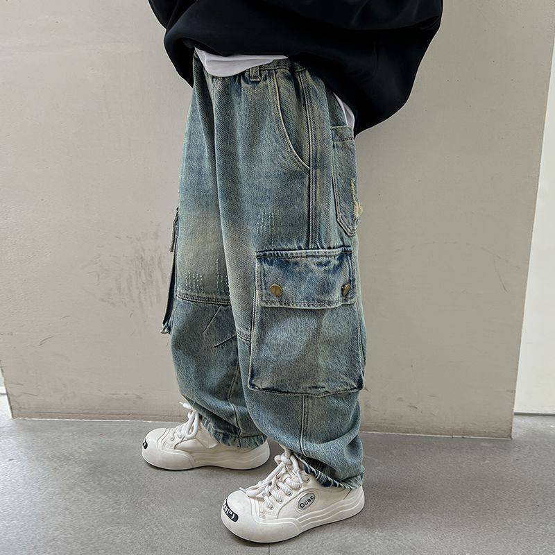 Children'S Clothing Cargo Jeans Boys 2024 Spring New Trendy Big Pocket Casual Pants Medium And Large Children'S Trousers - Image 1