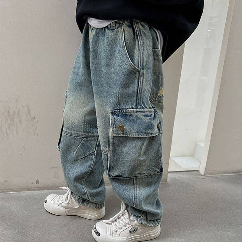 Children'S Clothing Cargo Jeans Boys 2024 Spring New Trendy Big Pocket Casual Pants Medium And Large Children'S Trousers - Image 2