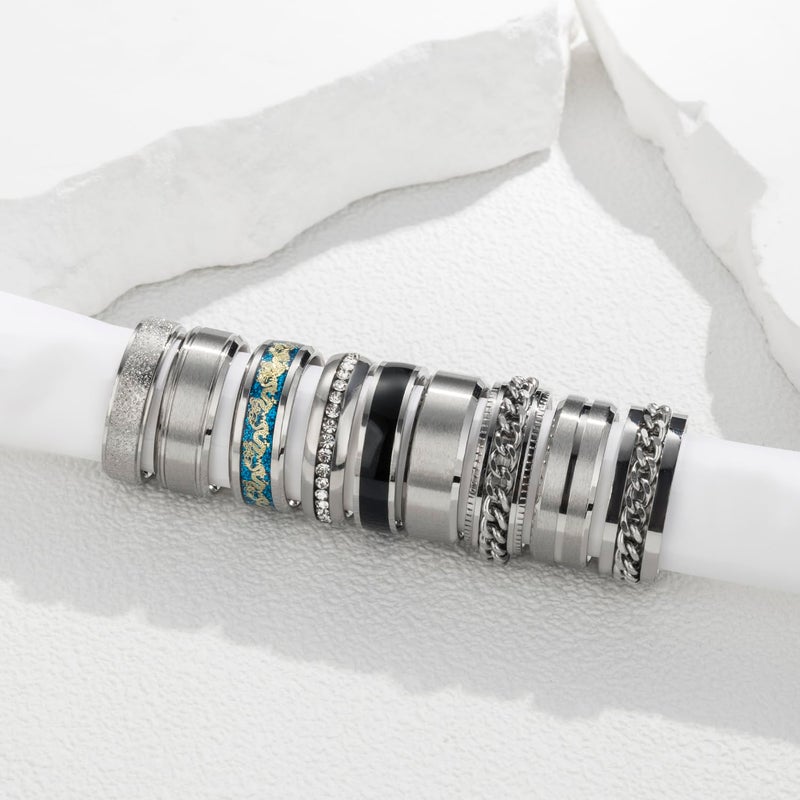 EIELO مجموعة 9 قطع من خواتم الفولاذ المقاوم للصدأ للرجال والنساء حلقة سلسلة دوارة رائعة لتخفيف القلق مجموعة خواتم فضية بسيطة للزفاف والخطوبة - Image 3