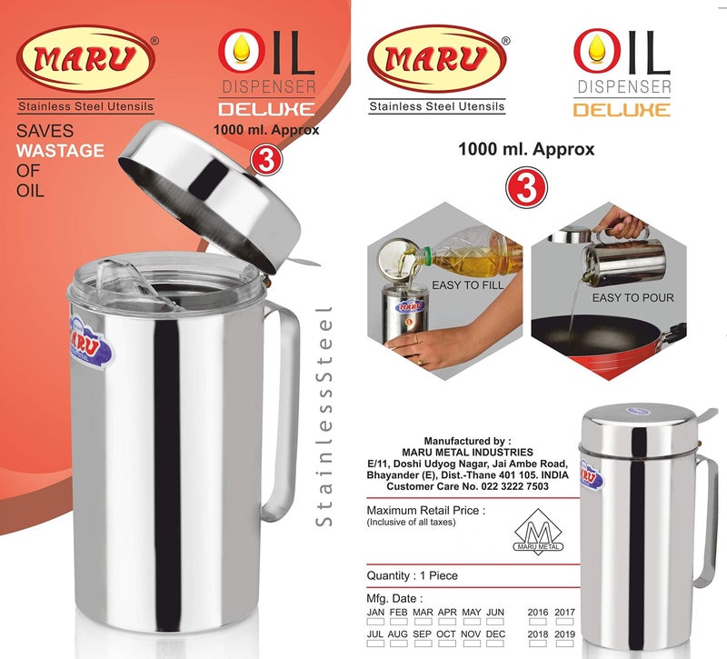 MARU Stainless Steel Oil dispensers for kitchen 1 litre - Durable Kitchen Oil Containers/Can with Handle, Ideal for Cooking Perfect Oil Dispenser for Kitchen Use (1000ML) - Image 2