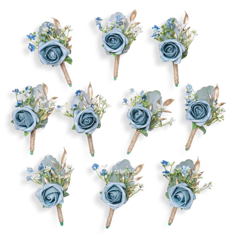 YSUCAU Rose Boutonnieres for Men Wedding Groom and Groomsmen Boutonniere for Rustic Fall Vintage Wedding Prom, Dusty Blue,Set of 10 - Image 1