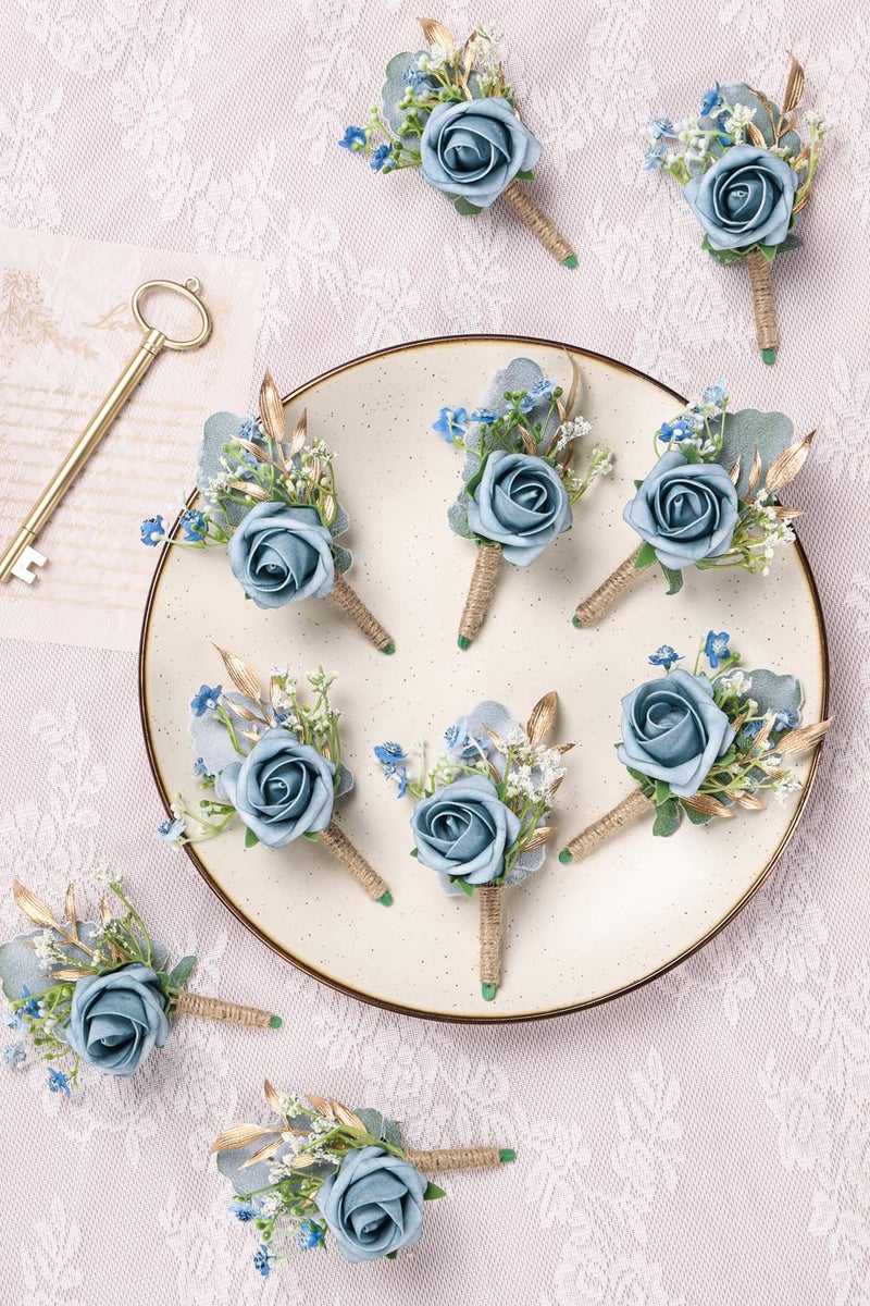 YSUCAU Rose Boutonnieres for Men Wedding Groom and Groomsmen Boutonniere for Rustic Fall Vintage Wedding Prom, Dusty Blue,Set of 10 - Image 2