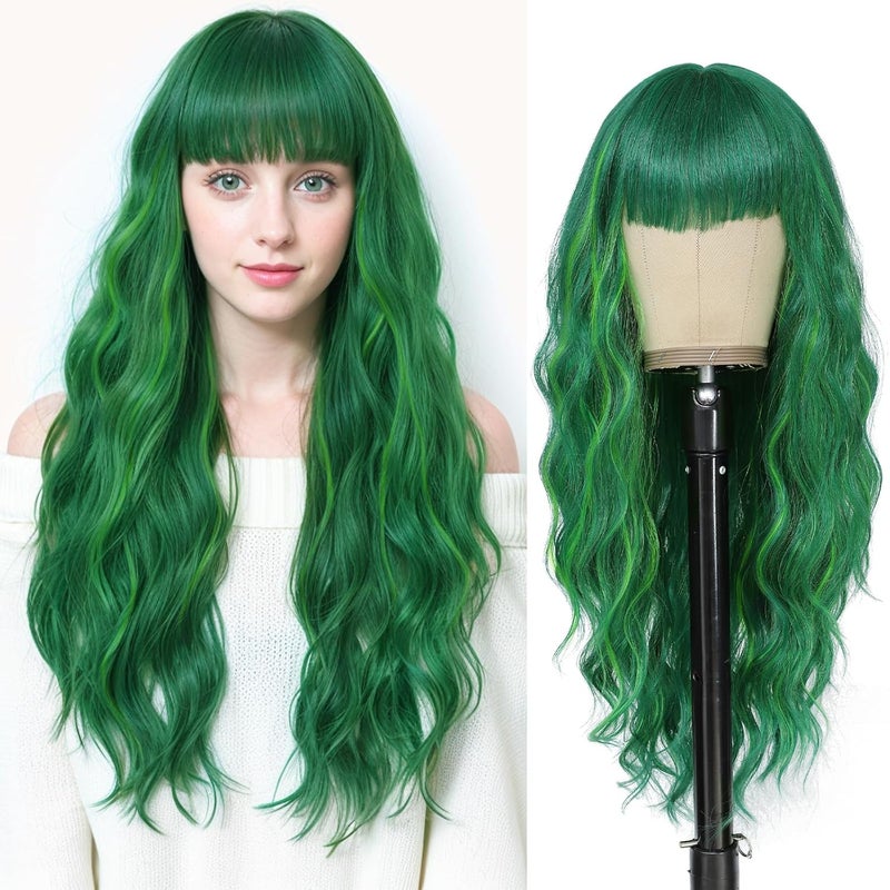 VERNA Green Wigs for Women Wig with Bangs 26 inch Curly Wigs Soft Synthetic Wigs for Daily Party