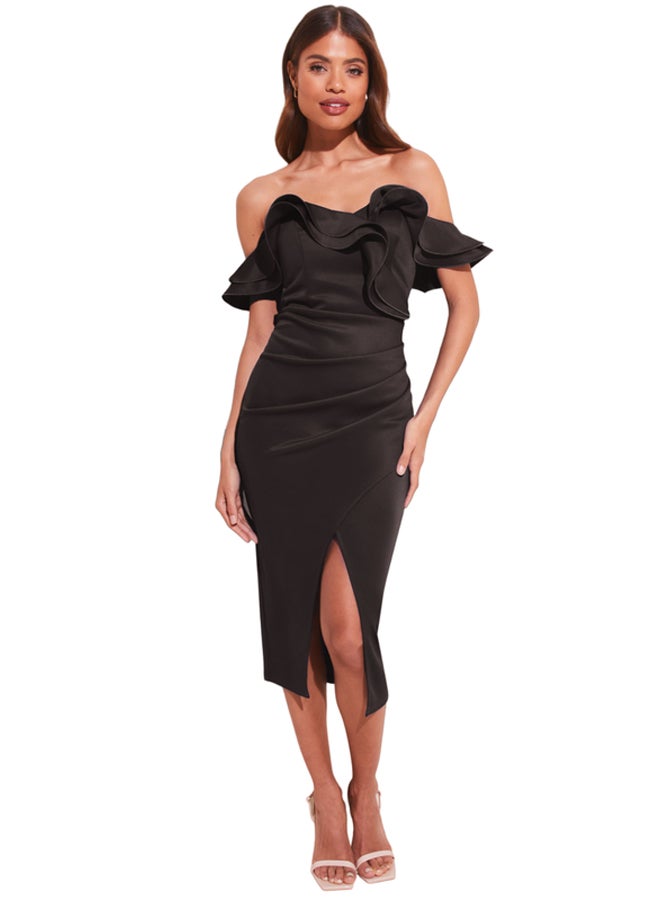 Ruffle Bardot Split Wrap Midi Dress