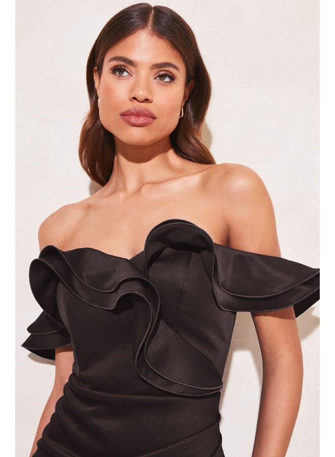 Ruffle Bardot Split Wrap Midi Dress