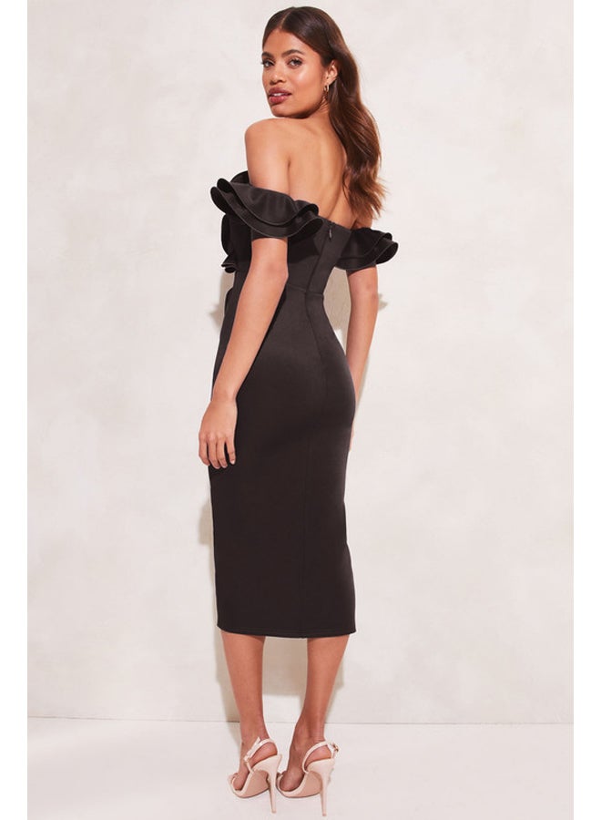 Ruffle Bardot Split Wrap Midi Dress