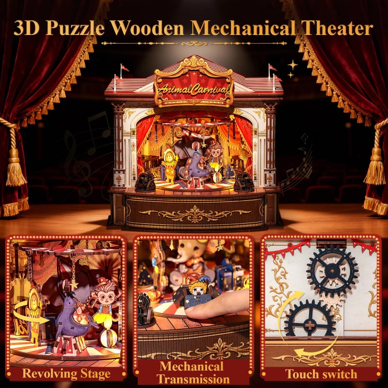 CUTEBEE 3D Wooden Puzzles Music Box - DIY Theater Model Kit with LED Light, 413 Pcs Rotating Miniature House Kit for Adults, Home Bookshelf Decor, Birthday Valentines Day Gifts (Animal Carnival) - Image 5