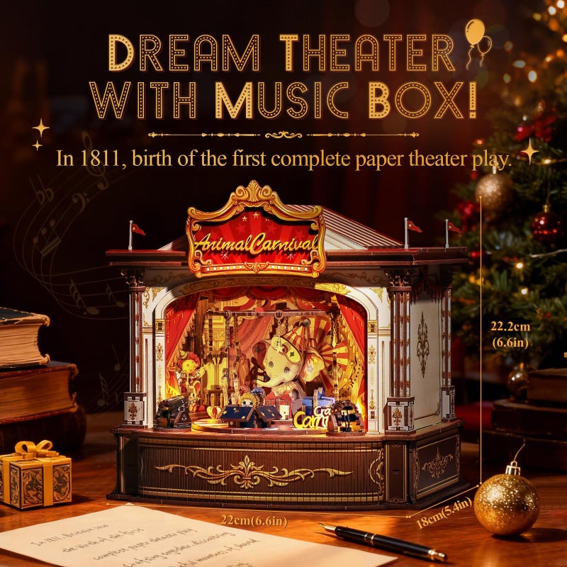 CUTEBEE 3D Wooden Puzzles Music Box - DIY Theater Model Kit with LED Light, 413 Pcs Rotating Miniature House Kit for Adults, Home Bookshelf Decor, Birthday Valentines Day Gifts (Animal Carnival) - Image 3
