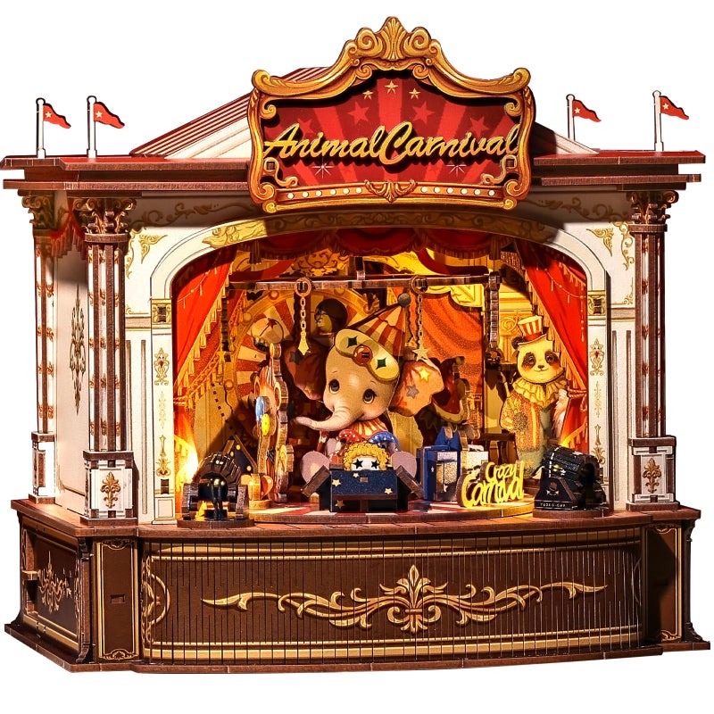 CUTEBEE 3D Wooden Puzzles Music Box - DIY Theater Model Kit with LED Light, 413 Pcs Rotating Miniature House Kit for Adults, Home Bookshelf Decor, Birthday Valentines Day Gifts (Animal Carnival) - Image 1