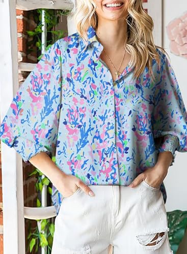 Astylish Oversized Boho Shirts for Women Spring Paisley V-Neck Lantern Long Sleeve Button Down Blouse Tops Dressy Blue XX-Large - Image 2