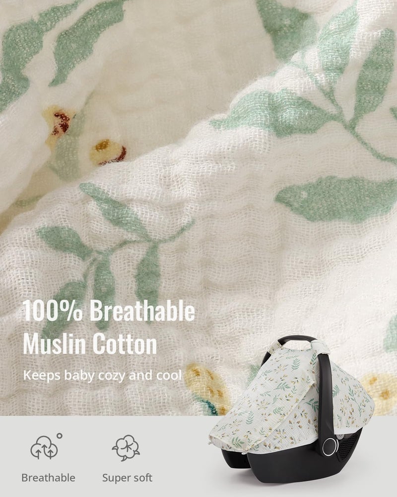 Blissful Diary Baby Car Seat Cover, Extra Large Mesh Window, Breathable Muslin Cotton, Infant Windproof Canopy, Must-Have Baby Gift - Botanical Leaf - Image 2