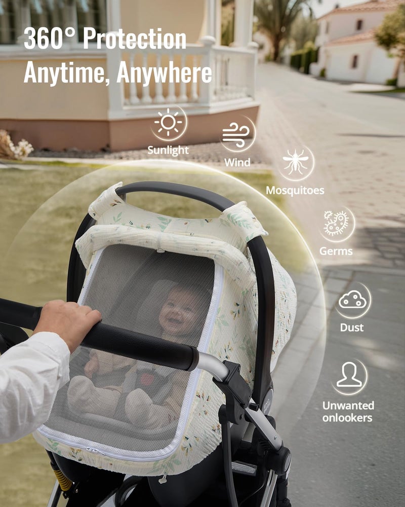 Blissful Diary Baby Car Seat Cover, Extra Large Mesh Window, Breathable Muslin Cotton, Infant Windproof Canopy, Must-Have Baby Gift - Botanical Leaf - Image 3