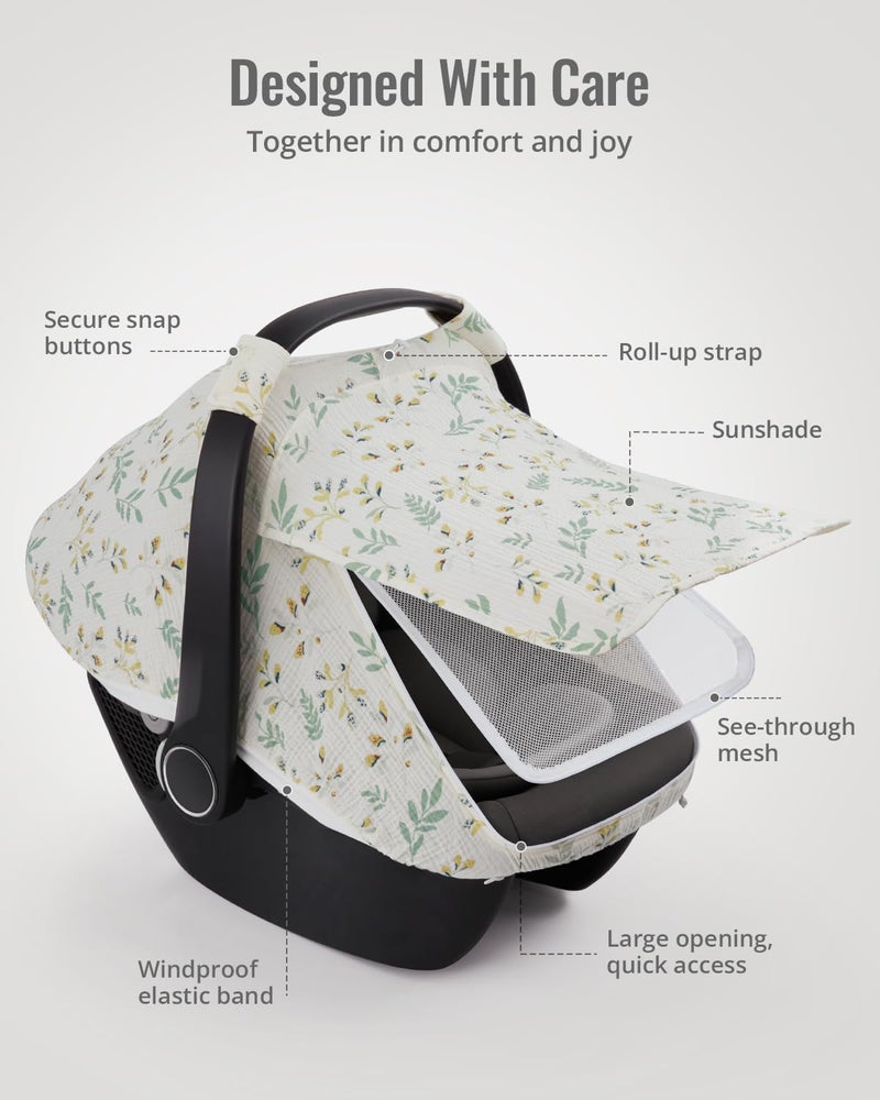 Blissful Diary Baby Car Seat Cover, Extra Large Mesh Window, Breathable Muslin Cotton, Infant Windproof Canopy, Must-Have Baby Gift - Botanical Leaf - Image 4