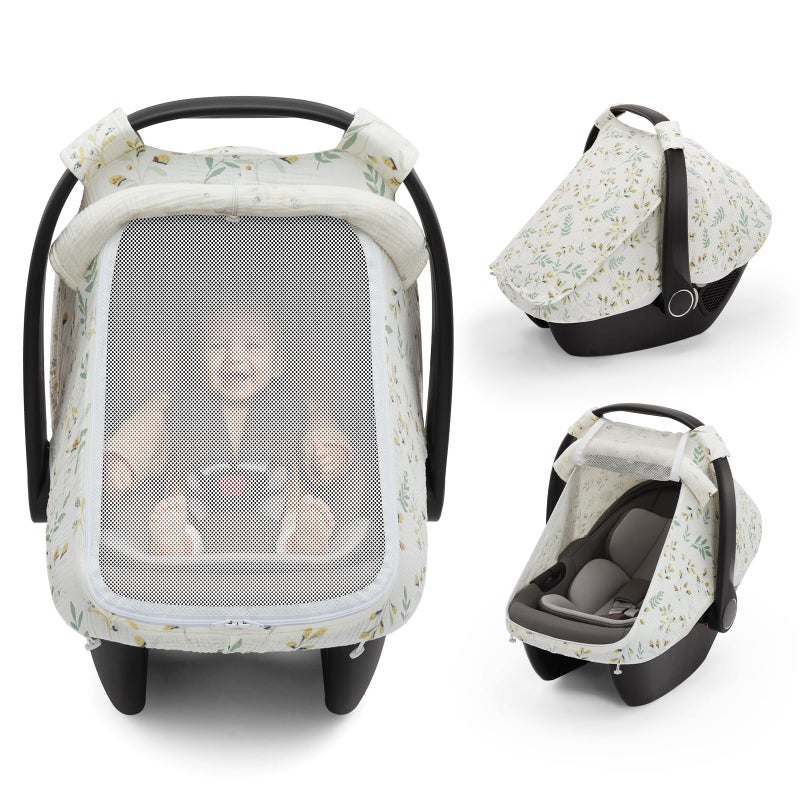 Blissful Diary Baby Car Seat Cover, Extra Large Mesh Window, Breathable Muslin Cotton, Infant Windproof Canopy, Must-Have Baby Gift - Botanical Leaf - Image 1