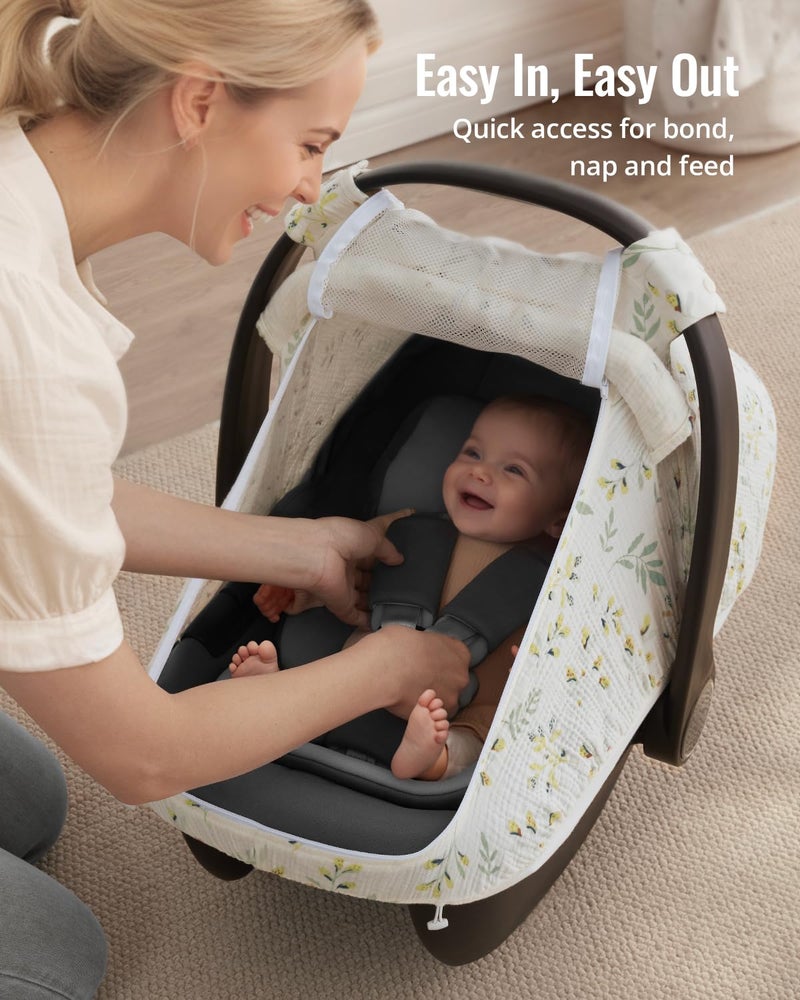 Blissful Diary Baby Car Seat Cover, Extra Large Mesh Window, Breathable Muslin Cotton, Infant Windproof Canopy, Must-Have Baby Gift - Botanical Leaf - Image 5