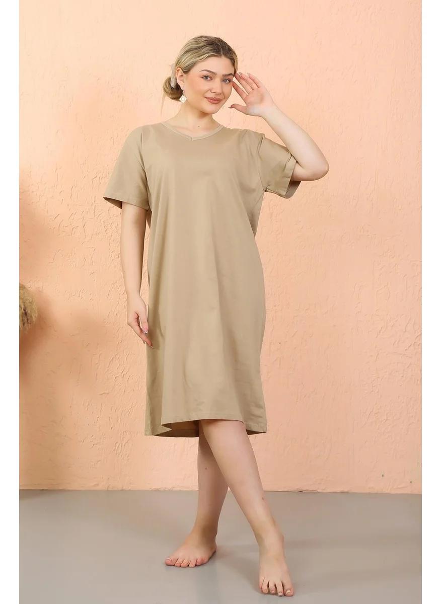 Akbeniz Women's Short Sleeve Below Knee Over Size Mink Home Dress - Nightgown 93410