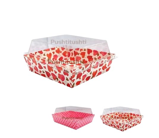 PUSHTI TUSHTI PUSHTI TUSHTI Valentine Special Square Shape BakeStable Paper Moulds with Lid Food Storage Container with Lid Pink Heart Pack of 10 - Image 1