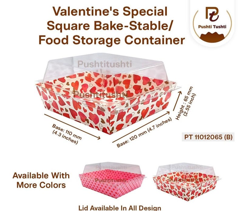 PUSHTI TUSHTI PUSHTI TUSHTI Valentine Special Square Shape BakeStable Paper Moulds with Lid Food Storage Container with Lid Pink Heart Pack of 10 - Image 2