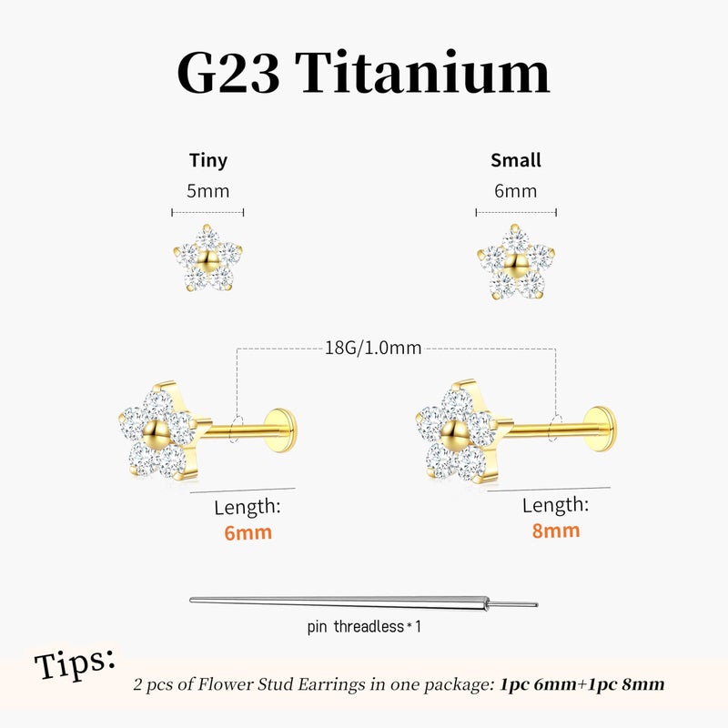 ShineRose Flat Back Stud Cartilage Tragus Helix Nose Piercing Earrings Jewelry For Women Conch Threadless 18G Titanium Surgical Steel Hypoallergenic 14K Gold plated CZ Silver Small Tiny Studs (Gold-18G(Threadless), 2Flower (6mm*1+8mm*1)) - Image 2