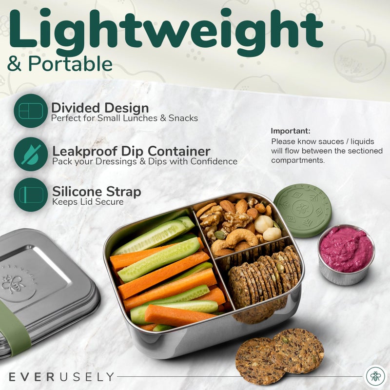 Everusely - Bento Box - Sage, 27oz / 0.8 L - Stainless Steel Lunch Box with Leakproof Condiment Container - 3 Compartment Snack Organizer for On the Go Meals - Freezer & Dishwasher Safe - Image 4