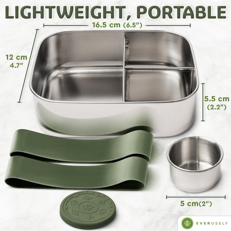 Everusely - Bento Box - Sage, 27oz / 0.8 L - Stainless Steel Lunch Box with Leakproof Condiment Container - 3 Compartment Snack Organizer for On the Go Meals - Freezer & Dishwasher Safe - Image 2
