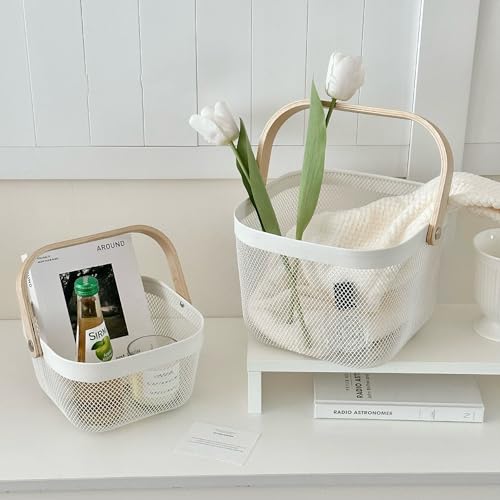 AJIODA Metal Mesh Wire Basket, Mini Steel Basket with Wooden Handle Storage Organizer Basket Multi-functional Hanging Kitchen Baskets Fruit Baskets for Kitchen Bathroom Cabinet Pantry Snacks, White - Image 5