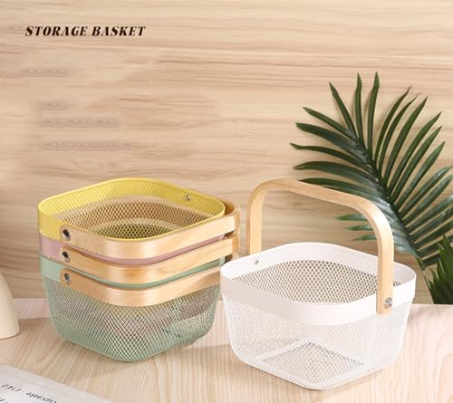 AJIODA Metal Mesh Wire Basket, Mini Steel Basket with Wooden Handle Storage Organizer Basket Multi-functional Hanging Kitchen Baskets Fruit Baskets for Kitchen Bathroom Cabinet Pantry Snacks, White - Image 2