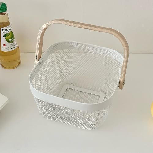 AJIODA Metal Mesh Wire Basket, Mini Steel Basket with Wooden Handle Storage Organizer Basket Multi-functional Hanging Kitchen Baskets Fruit Baskets for Kitchen Bathroom Cabinet Pantry Snacks, White - Image 4