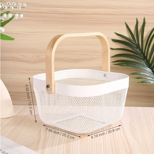 AJIODA Metal Mesh Wire Basket, Mini Steel Basket with Wooden Handle Storage Organizer Basket Multi-functional Hanging Kitchen Baskets Fruit Baskets for Kitchen Bathroom Cabinet Pantry Snacks, White - Image 3