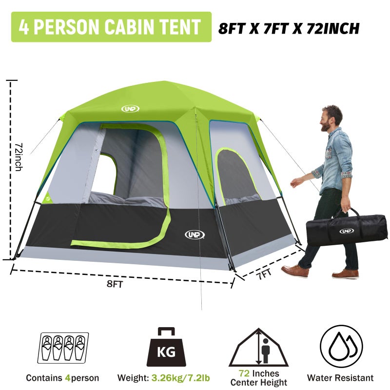 UNP 4-Person Tent, Portable Cabin Tent, Camping Tent 4-Person Easy Set Up, Waterproof with Top Rainfly for Outdoor Camping/Hiking (Fluorescent Green) - Image 2