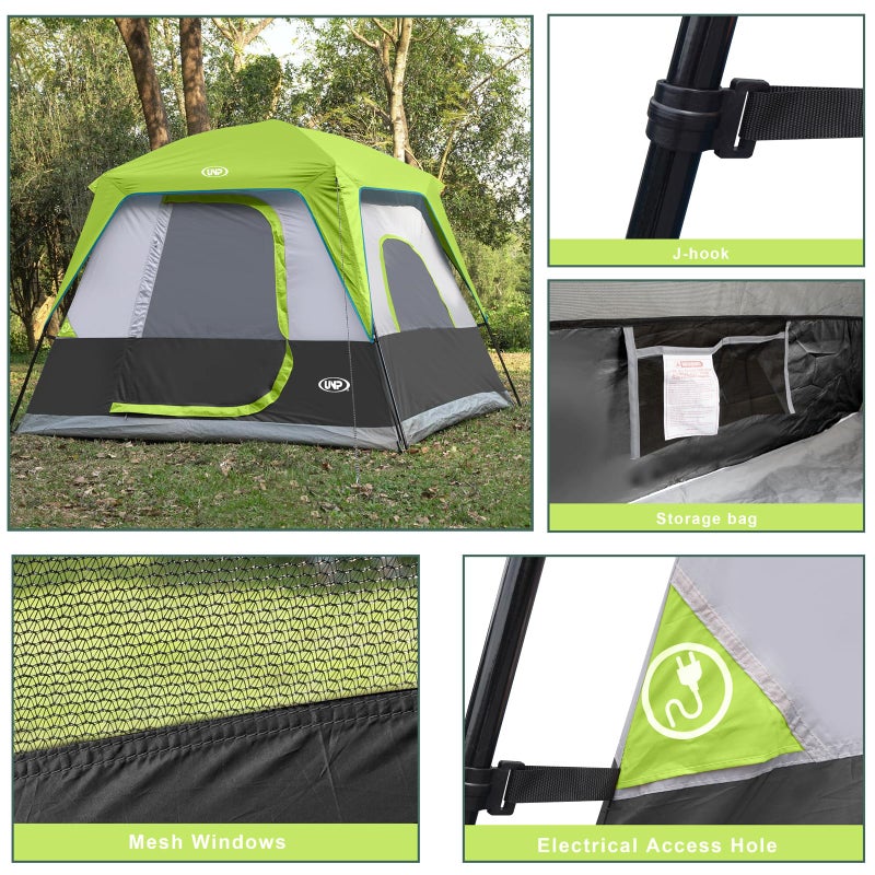 UNP 4-Person Tent, Portable Cabin Tent, Camping Tent 4-Person Easy Set Up, Waterproof with Top Rainfly for Outdoor Camping/Hiking (Fluorescent Green) - Image 4