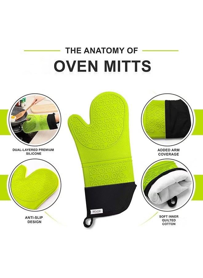 عربست 6 قطع قفازات الفرن وحاملات الأواني مجموعات - قفازات الخبز المصنوعة من السيليكون قفازات فرن داخلية ناعمة مقاومة للحرارة ومنصات ساخنة - قفازات فرن للطبخ والشواء والشواء (أخضر) - Image 2