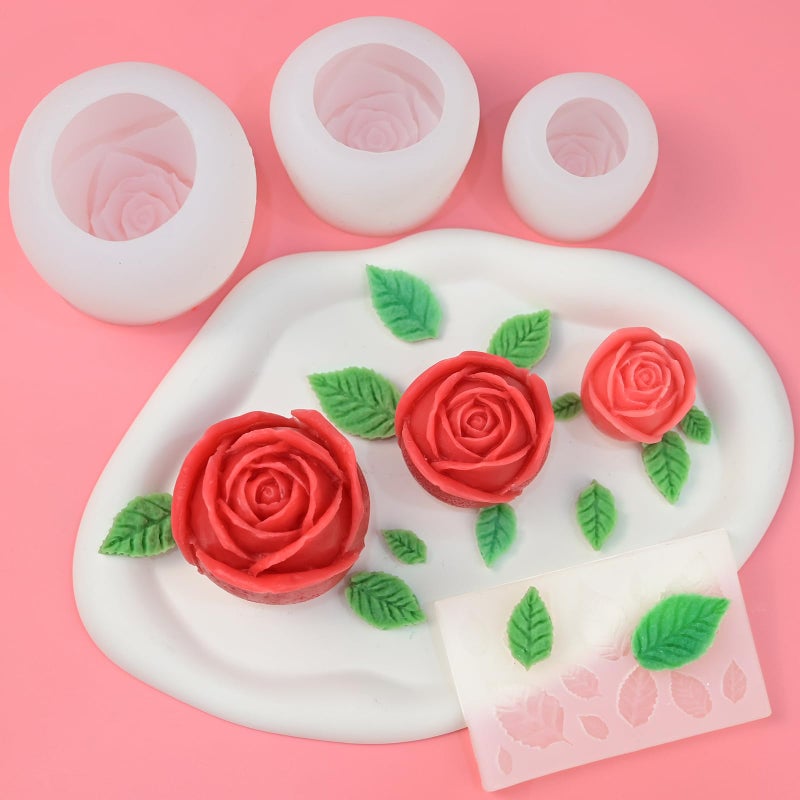 ZQYSING 4 Pack Rose Candle Molds with Leaf Mold, Set of Large + Medium + Small 3D Rose Flower Silicone Molds for Candles Making Epoxy Resin Casting Handmade Soap Clay Plaster Home DÃ©cor Mom Gift - Image 2