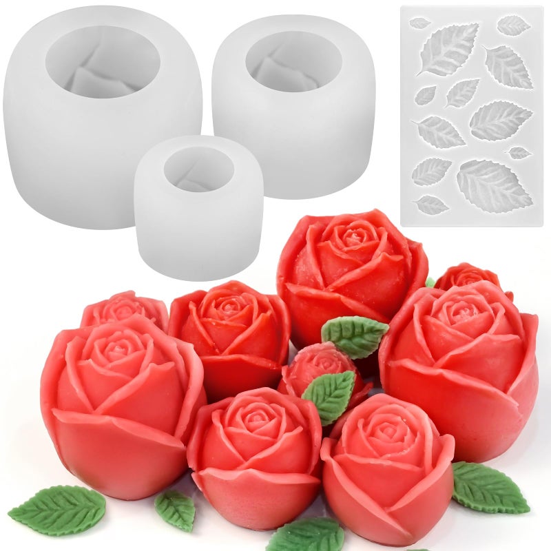 ZQYSING 4 Pack Rose Candle Molds with Leaf Mold, Set of Large + Medium + Small 3D Rose Flower Silicone Molds for Candles Making Epoxy Resin Casting Handmade Soap Clay Plaster Home DÃ©cor Mom Gift - Image 1