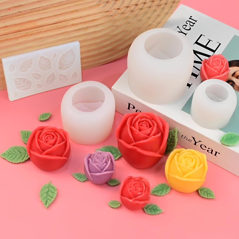 ZQYSING 4 Pack Rose Candle Molds with Leaf Mold, Set of Large + Medium + Small 3D Rose Flower Silicone Molds for Candles Making Epoxy Resin Casting Handmade Soap Clay Plaster Home DÃ©cor Mom Gift - Image 4