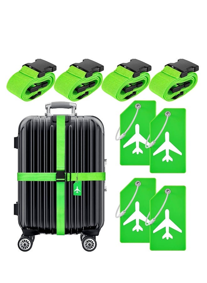 Luggage Straps Set, 4pcs Travel Suitcase Straps with 4pcs Silicone Luggage Tags, Adjustable Suitcase Belts, Suitcase Tags with Name ID Card for Luggage Suitcase Travel Accessories Green - Image 1