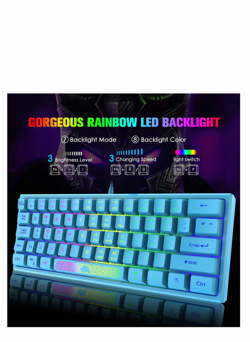 لوحة مفاتيح ألعاب 60%، صغيرة محمولة بإضاءة خلفية بألوان قوس قزح RGB، تصميم مريح مدمج، 62 مفتاحًا، 19 مفتاحًا مضادًا للظلال، مقاومة للماء، سلكية USB لأجهزة الكمبيوتر الشخصية وأجهزة Mac وWindows والكم - Image 3